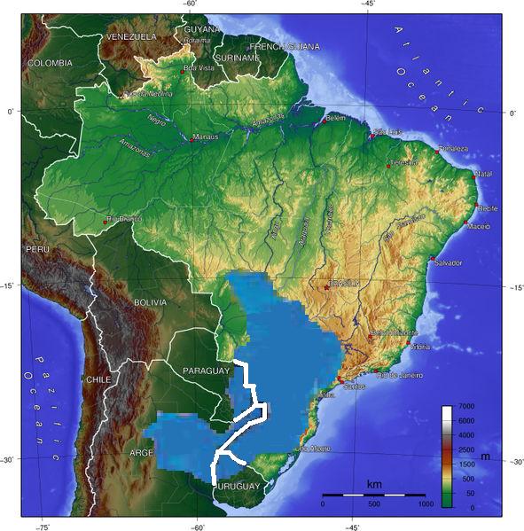 Em azul, a localização do Aquífero Guarani, abrangendo os territórios de Uruguai, Argentina, Paraguai e Brasil. Foto: Wikipedia