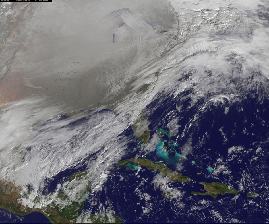 Imagem de satélite da Nasa mostra avanço de massa polar sobre Costa Leste dos EUA